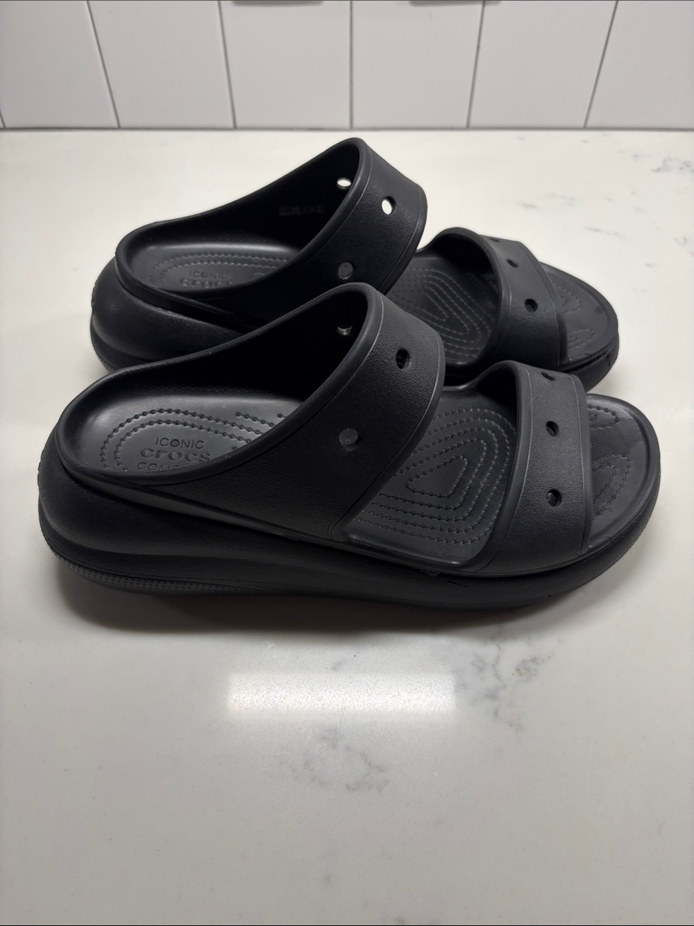 CROCS Women’s Black Dual-Strap Slide Sandals Platform